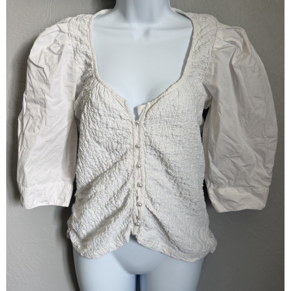 By Anthropologie Smocked Top Womens Sz Medium White Buttondown Blouse Round Neck